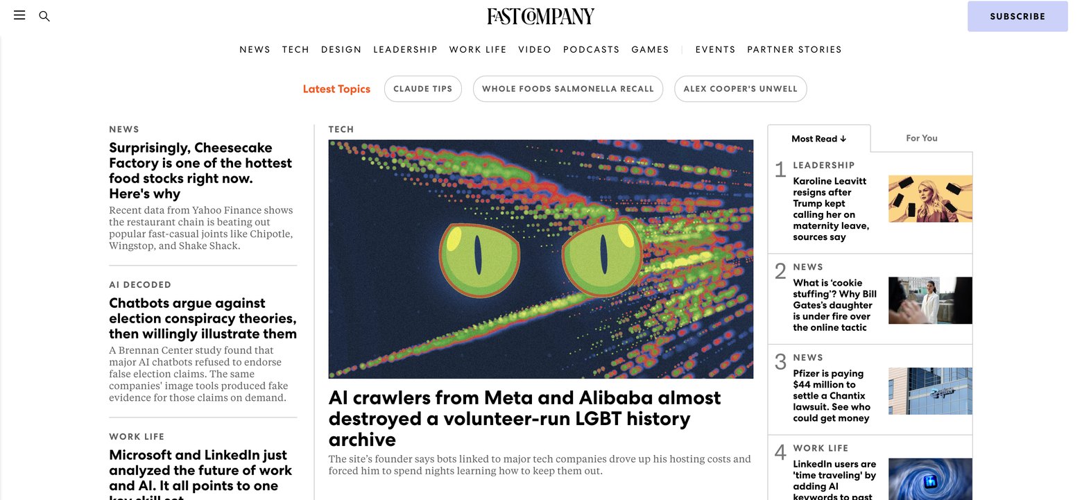 The Fast Company home page carrying the article as its lead Tech story, headlined ‘AI crawlers from Meta and Alibaba almost destroyed a volunteer-run LGBT history archive’