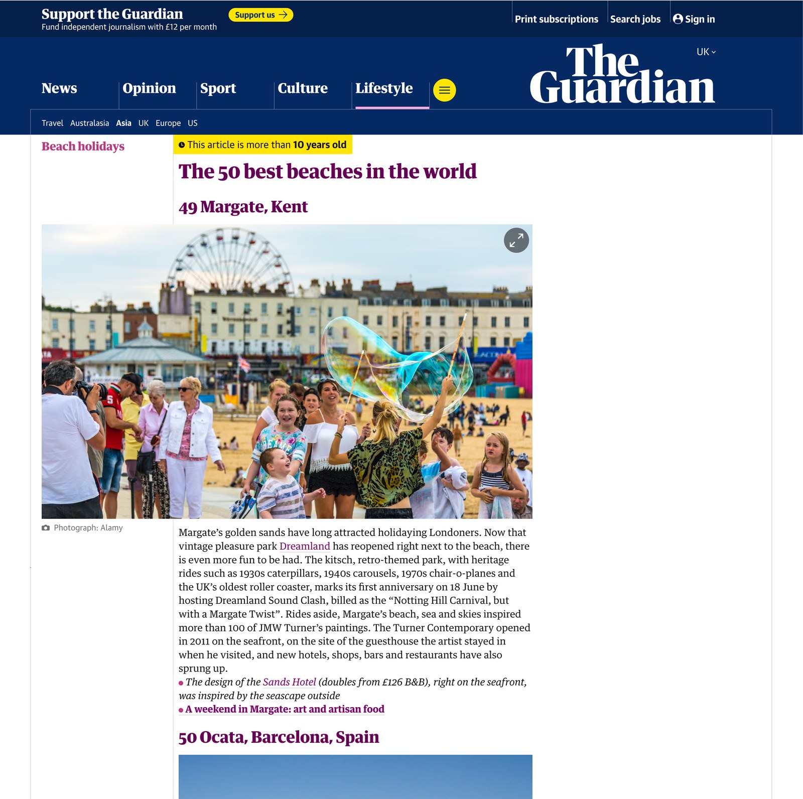 The Guardian&rsquo;s feature &lsquo;The 50 best beaches in the world&rsquo;, illustrated with a photograph of Margate beach