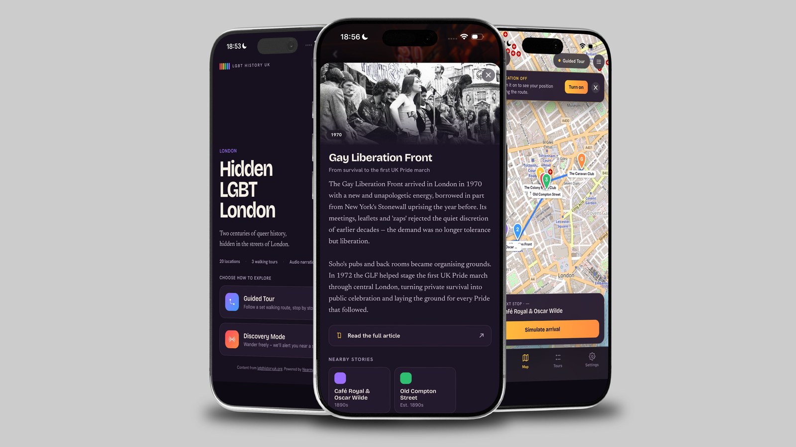 The LGBT History Project app shown on three phones