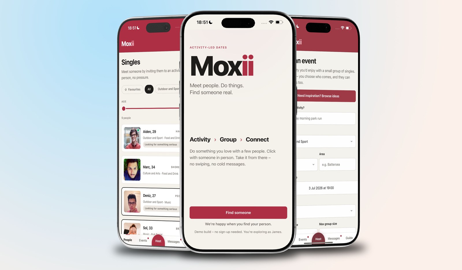 The Moxii app shown on three phones