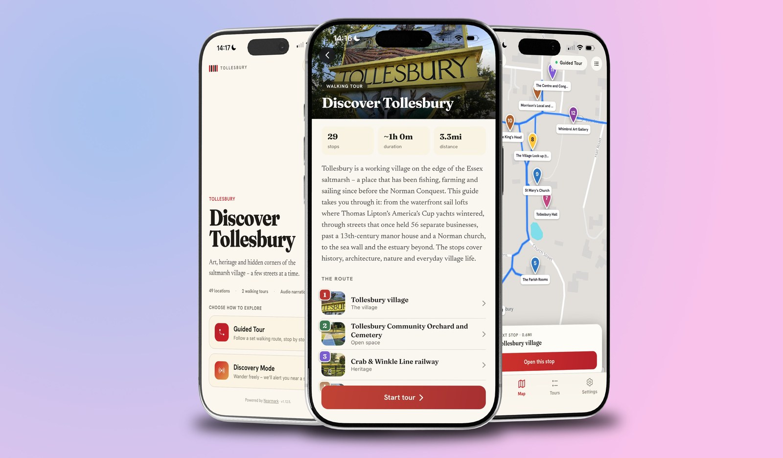 Discover Tollesbury, built on Nearmark, shown on three phones