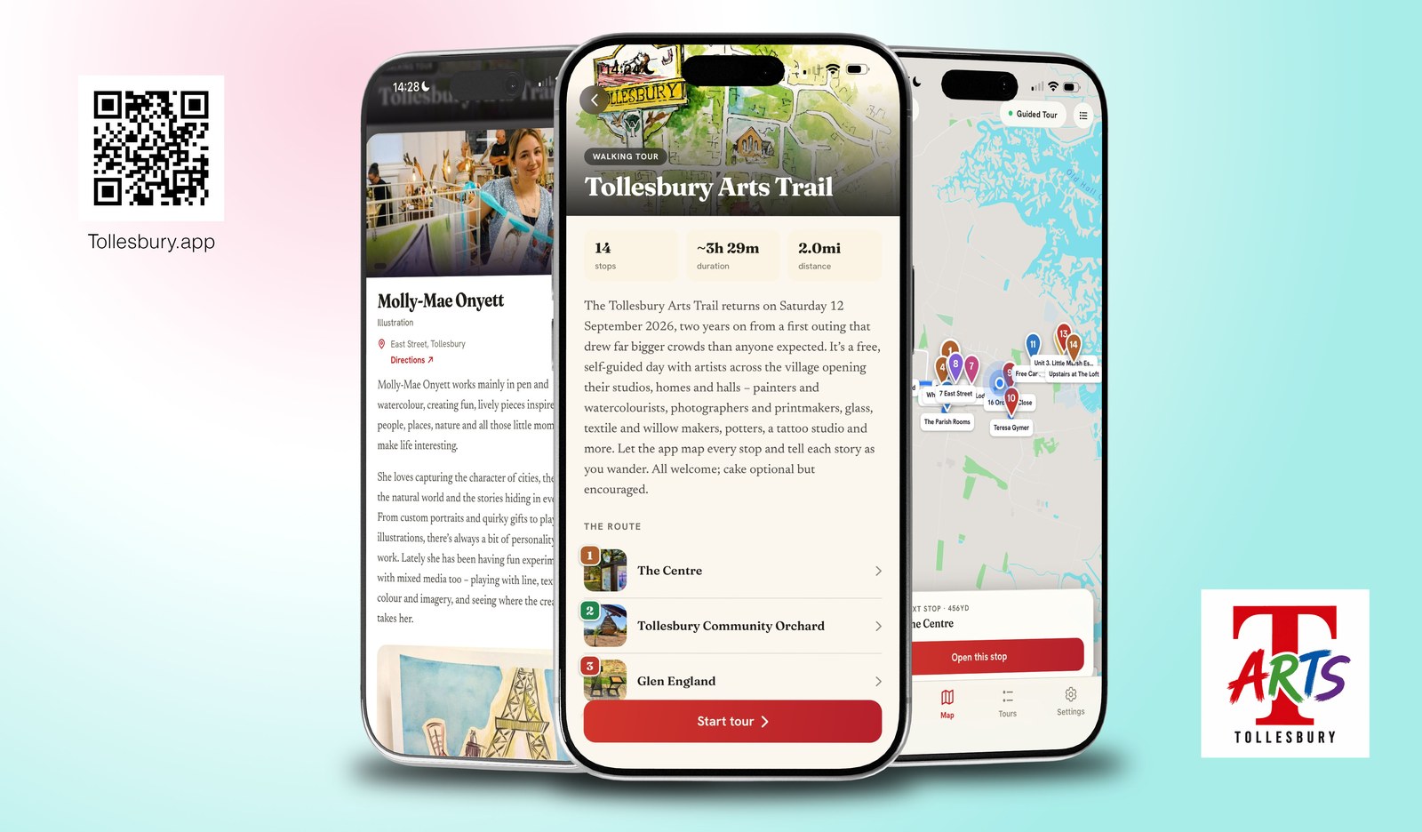 The Tollesbury Arts Trail shown on three phones