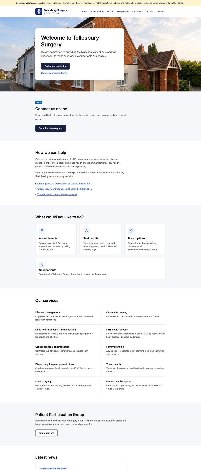 The accessibility-first redesign concept for the Tollesbury Surgery homepage